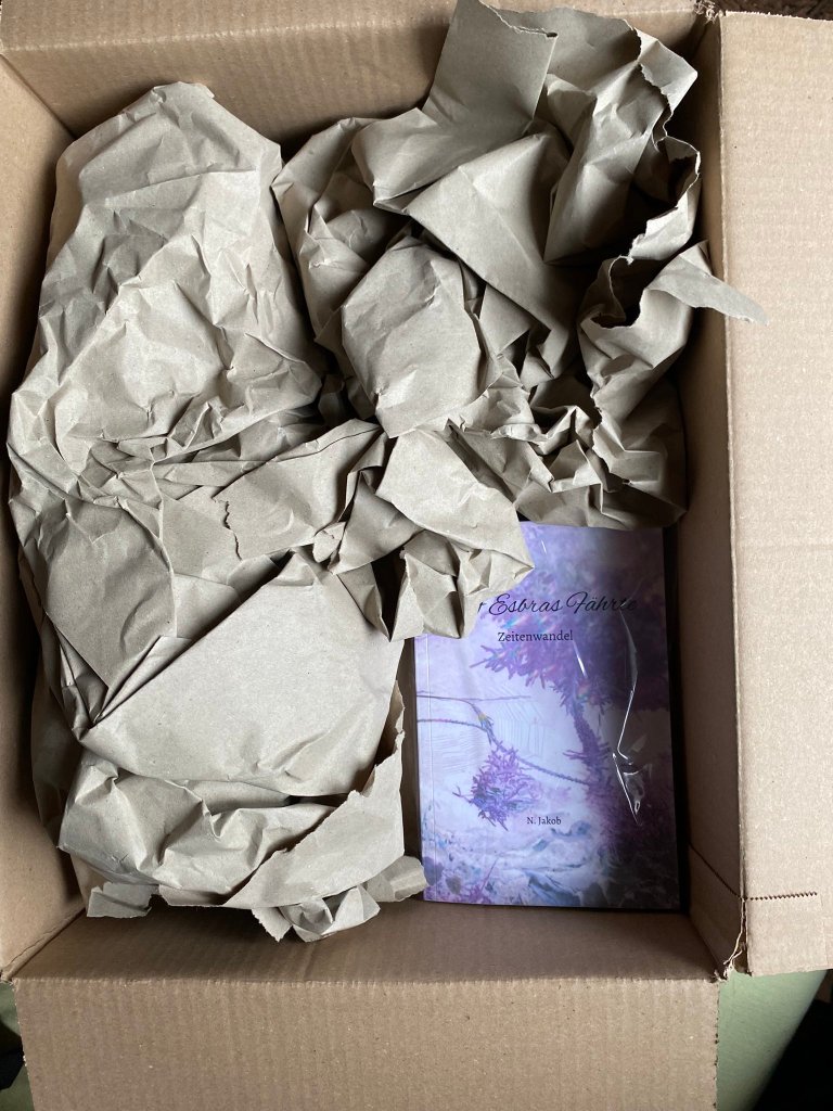 Eine Ausgabe von „Auf Esbras Fährte“ eingepackt in Plastik und umgeben von sehr viel Papier, in dem etwas anderes eingepackt ist, in einem großen Karton.